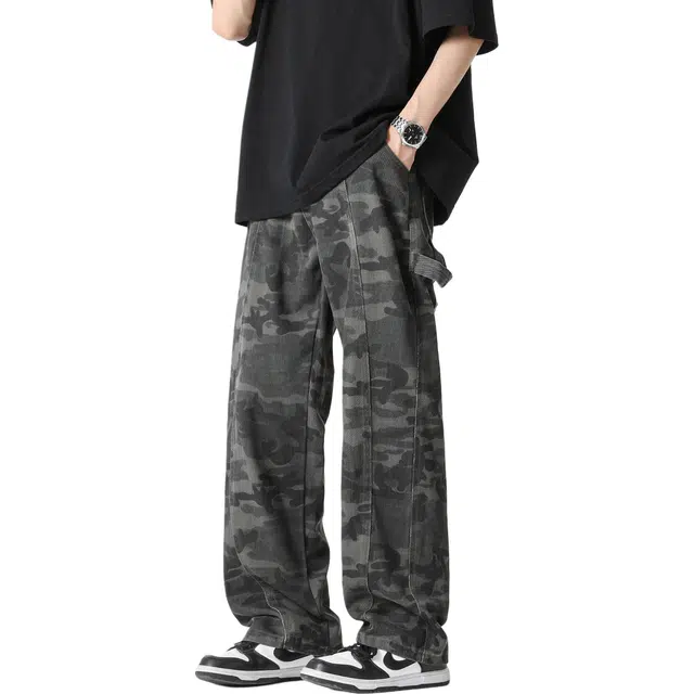 颂希尔 美式高街复古潮流迷彩秋季重磅潮牌宽松直筒做旧水洗伐木裤百搭休闲工装裤子牛仔裤 男女同款