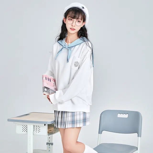 御茶家 纯色水手领套头连帽卫衣 女款 白色