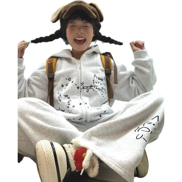 哒头下雨不愁 秋冬卡通慵懒风日系软妹加绒连帽运动上衣卫衣 女款