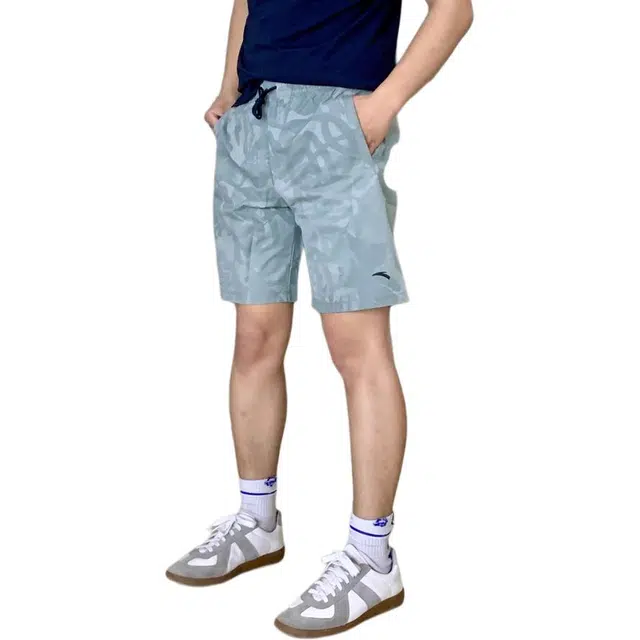 超级安踏 运动简约满印舒适宽松系带休闲短裤 男款 豆灰绿