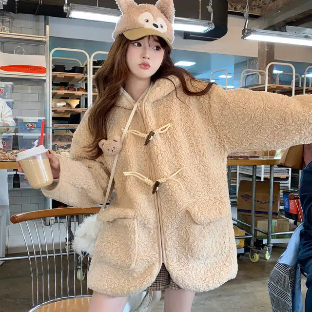 花山家的猫 连帽纯色软糯舒适长袖棉服 女款 卡其色
