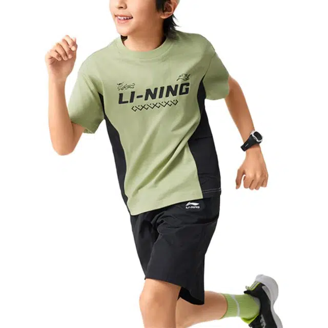 李宁儿童休闲运动套装 运动生活系列 圆领拼色短袖柔软五分裤 土灰绿/黑色 儿童款