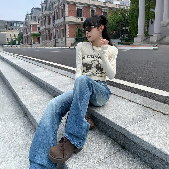 花蔓色 美式水洗磨白辣妹百搭低腰简约修身微喇宽松垂感拉链直筒牛仔裤 女款 复古蓝