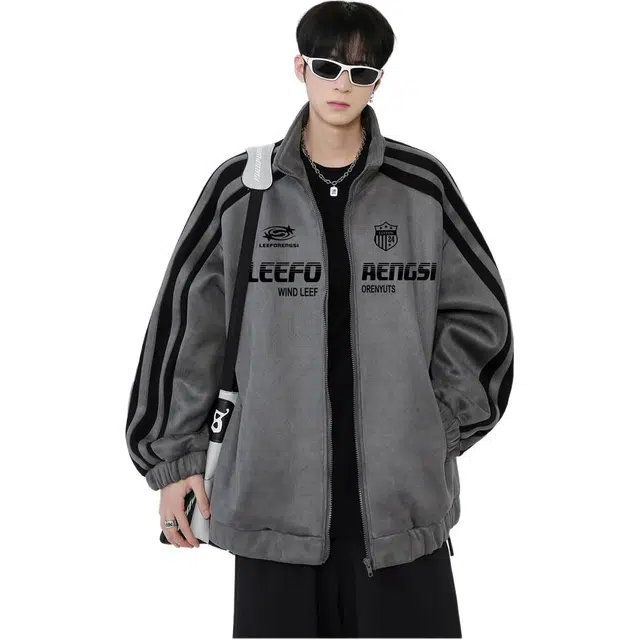 颂希尔 美式潮牌侧条纹棒球服秋冬季麂皮绒高街痞帅外套潮流宽松百搭夹克 男女同款