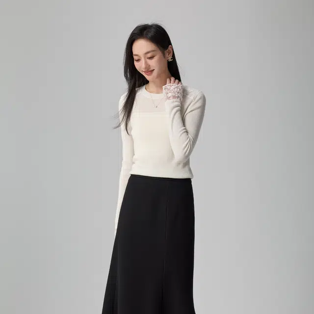 梨九九 蕾丝拼接衫女秋装女装打底衫潮针织衫 女款
