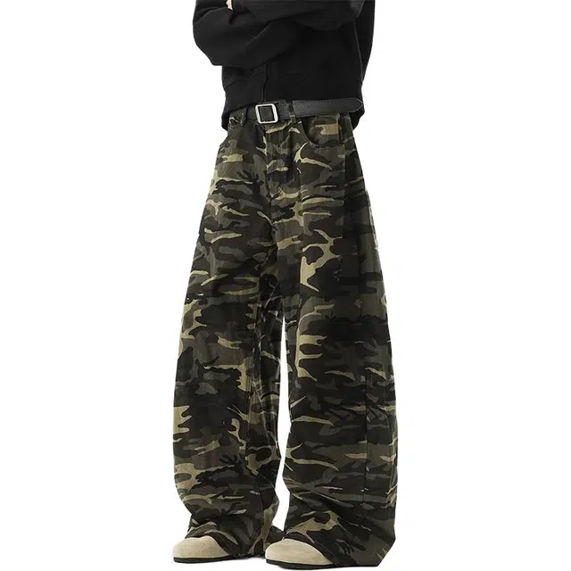 如续 美式复古高街风设计感拖地阔腿长裤百搭慵懒风宽松直筒牛仔裤 男款