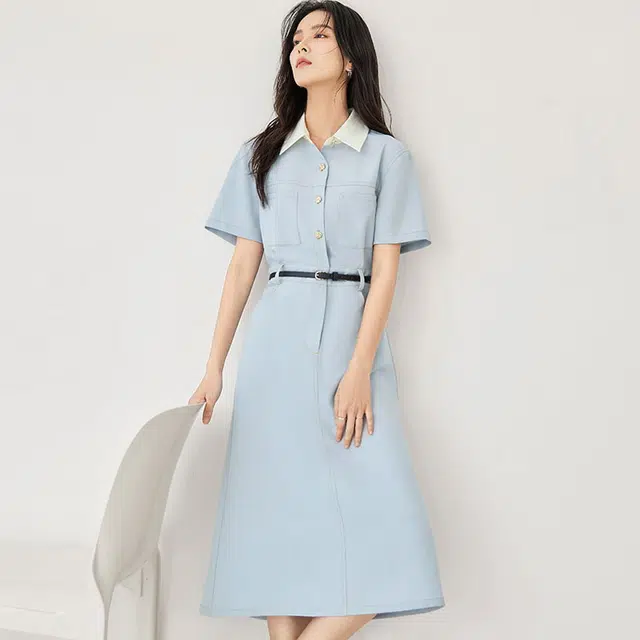 对白 纯色高腰衬衫短袖连衣裙 冰水蓝
