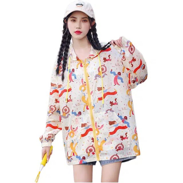 沐晓欣 印花防晒衣可爱风连帽长袖宽松连帽薄款上衣截短外套 女款 花色