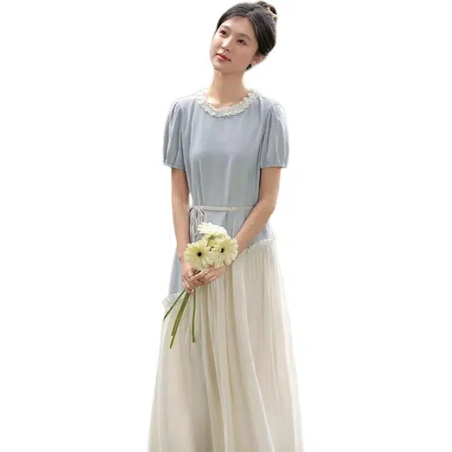 鹿向南 时尚舒适百搭短袖连衣裙 女款 薄荷蓝