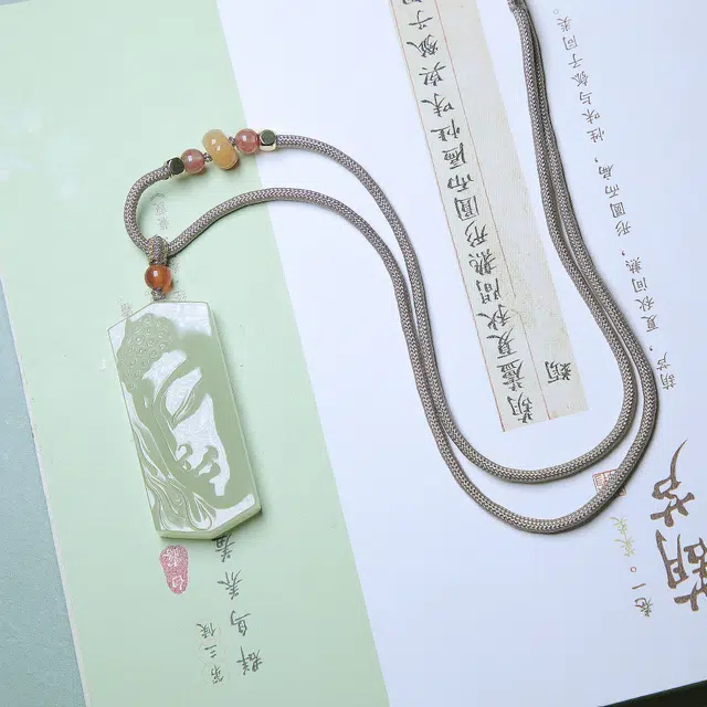 匠心琢玉 新中式国风经典释迦摩尼吊坠 和田玉 项链 男女同款情侣款 青白玉