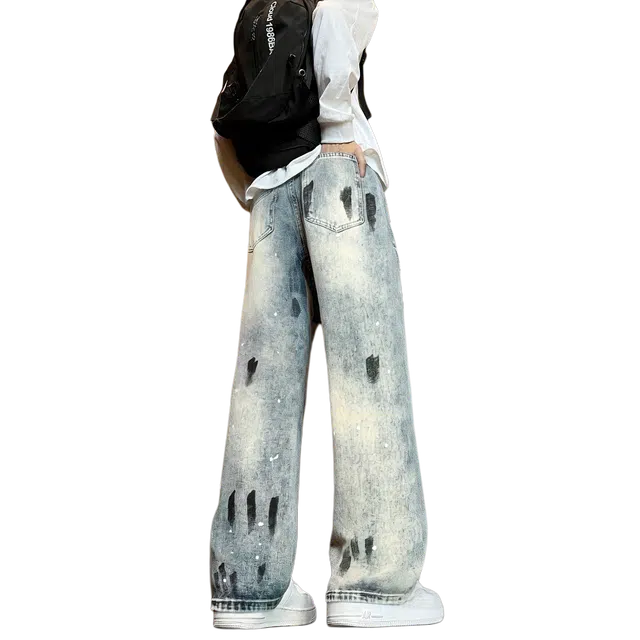 布客行 【泼墨复古直筒显高显瘦】美式高街水洗做旧基础款设计感纹理柔软舒适百搭弯刀阔腿长裤垂感宽松休闲扎染炸街牛仔裤 男女同款
