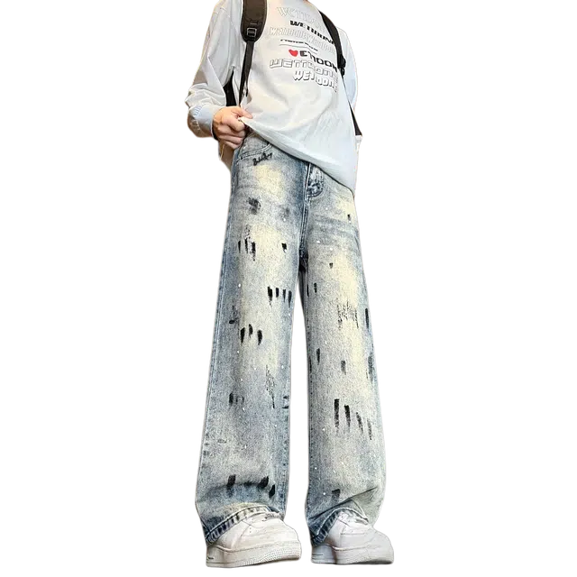 布客行 【泼墨复古直筒显高显瘦】美式高街水洗做旧基础款设计感纹理柔软舒适百搭弯刀阔腿长裤垂感宽松休闲扎染炸街牛仔裤 男女同款