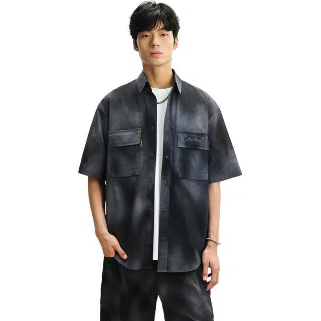 太平鸟 夏季工装胸袋短袖翻领宽松型衬衫 男款