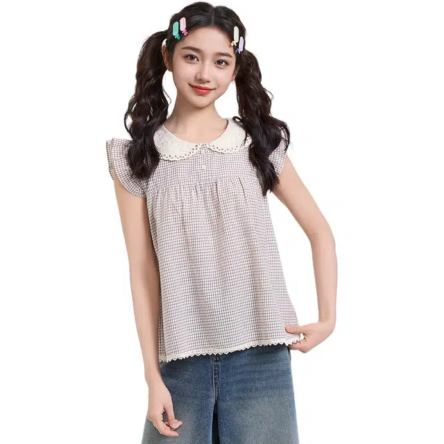 三福 格子娃娃领舒适短袖衬衫 女款 卡其格