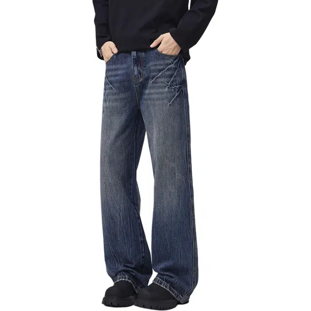 帝狼牛 高街做旧水洗闪电水波纹宽松直筒弹力垂感阔腿显瘦百搭牛仔裤 男女同款