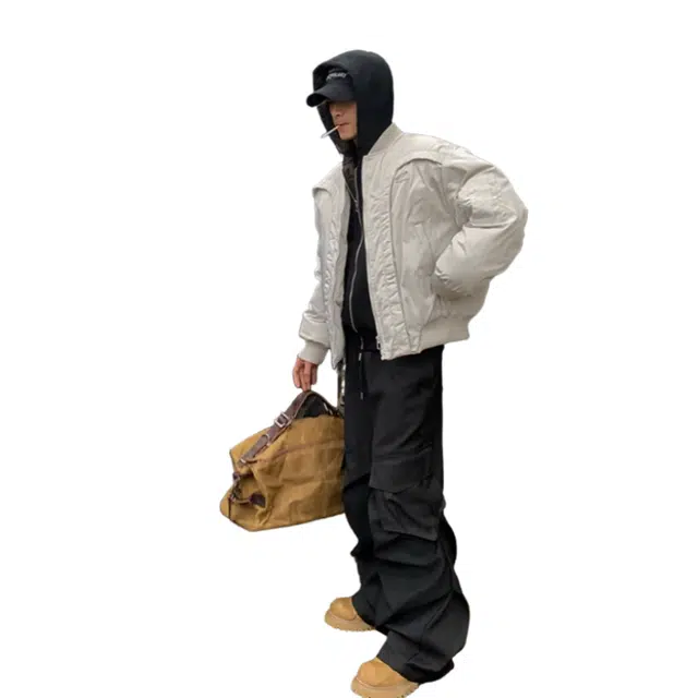 地界二 冬季美式解构弧形设计感小众飞行员机车夹克加厚棒球服棉服 男款