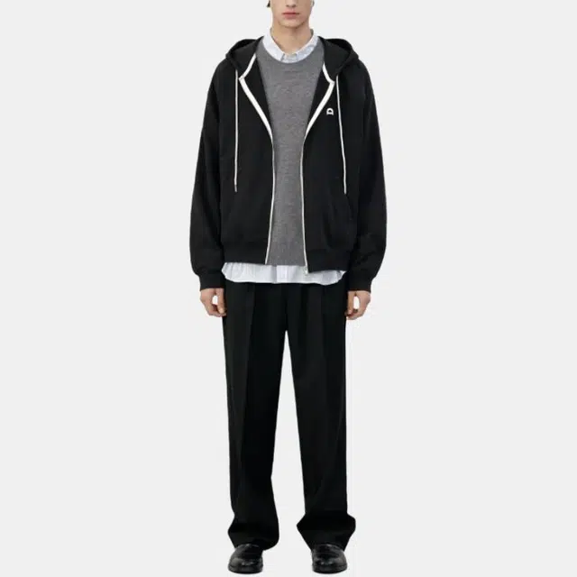 Dunst UNISEX LEATHER LOGO ZIP-UP HOODIE BLACK