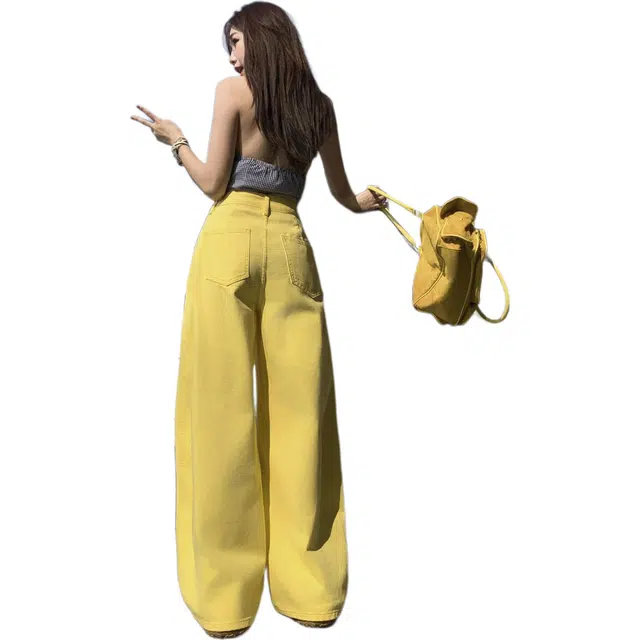 玫丝朵 美式复古百搭宽松褶皱设计阔腿休闲直筒牛仔裤 女款