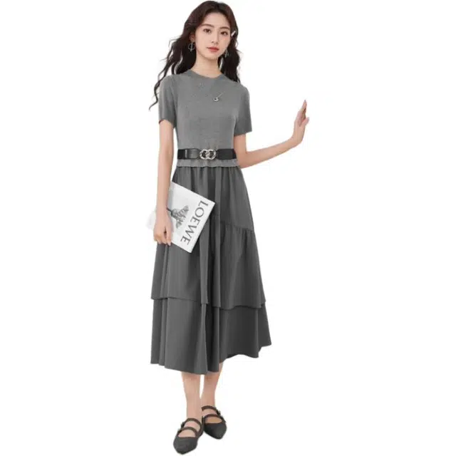 爱依服 拼接设计成熟气质收腰修身型通勤短袖连衣裙 女款