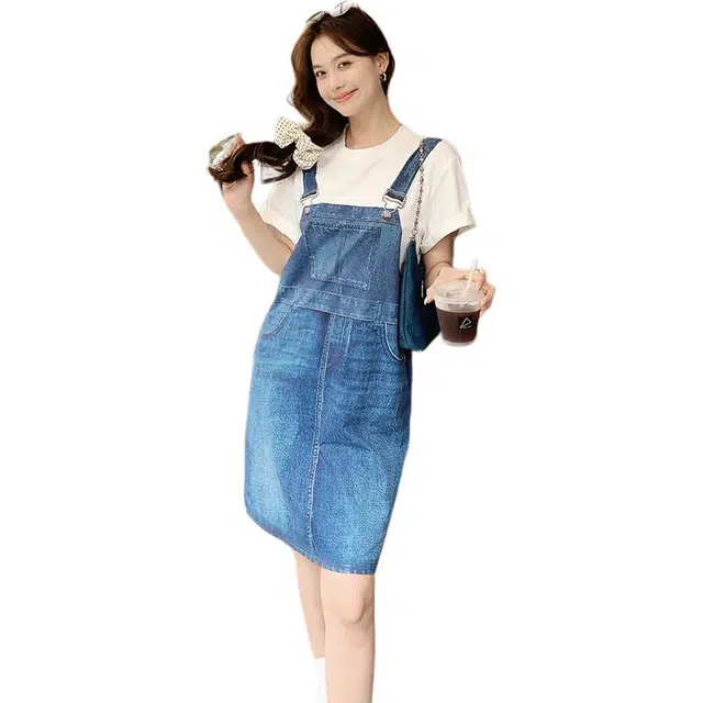 美洋 圆领速干仿牛仔背带短袖连衣裙 女款 白拼蓝