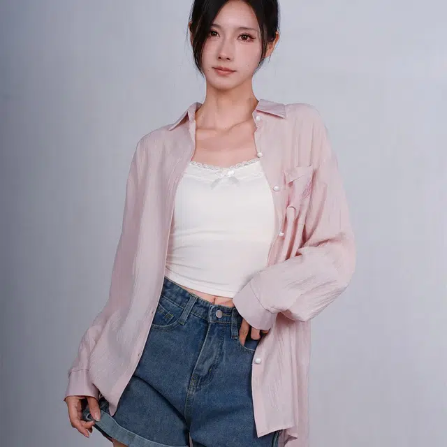 御茶家 纯色蝴蝶结设计翻领长袖衬衫 女款 粉色