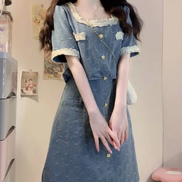 古莲菲 高级感韩系时尚花边拼接牛仔裙夏大码微胖宽松显瘦短袖连衣裙 女款