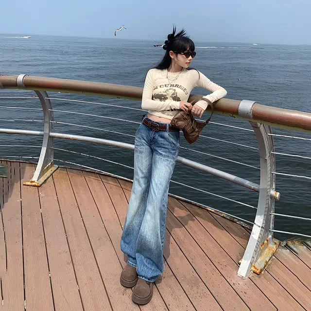 花蔓色 美式水洗磨白辣妹百搭低腰简约修身微喇宽松垂感拉链直筒牛仔裤 女款 复古蓝