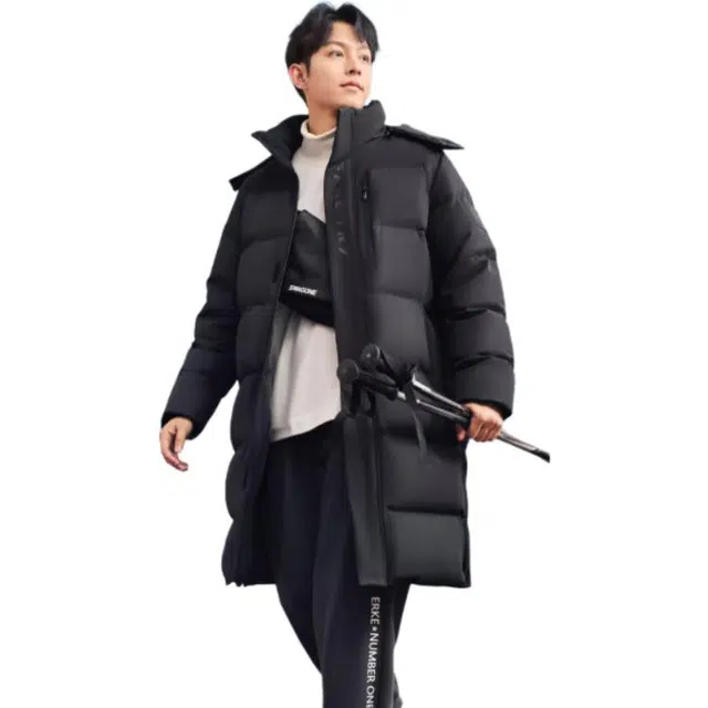 鸿星尔克 综训系列 舒适休闲简约长款连帽羽绒服 男款 正黑
