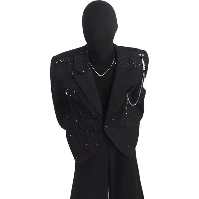 零氏 美式高街复古满天星垫肩外套珍珠挂链休闲百搭潮牌西装 男女同款