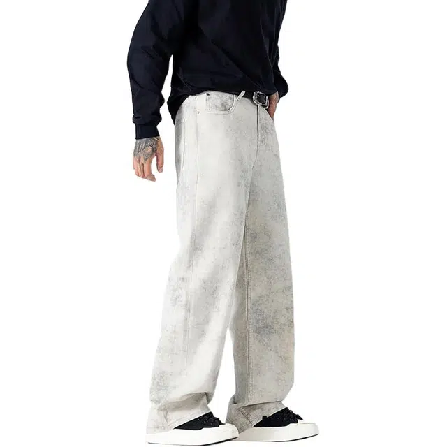 帝狼牛 美式潮牌扎染水洗直筒裤街头百搭潮流工装牛仔裤 男女同款
