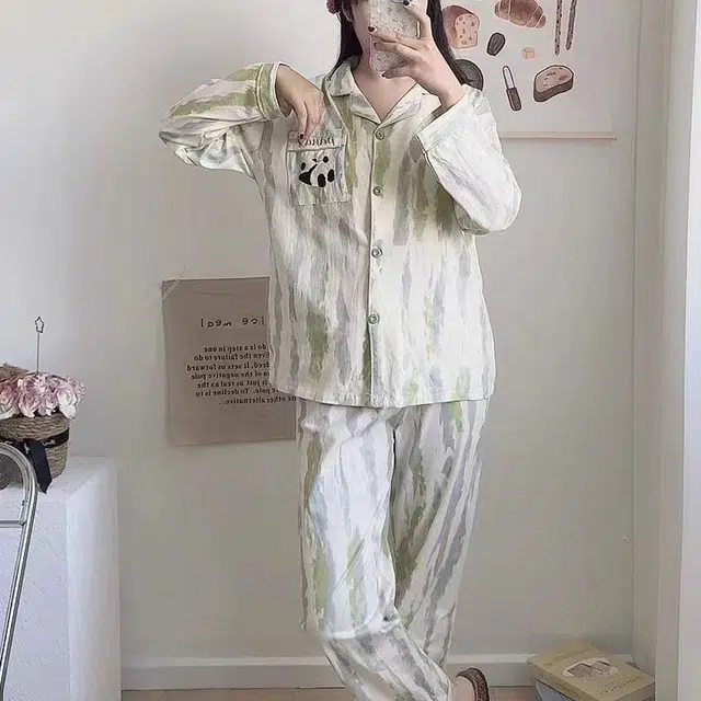 夏芬妍 简约舒适休闲不规则条纹熊猫印花翻领开衫纯棉家居服亲肤柔软长袖长裤可外穿睡衣礼盒 女款 浅绿色