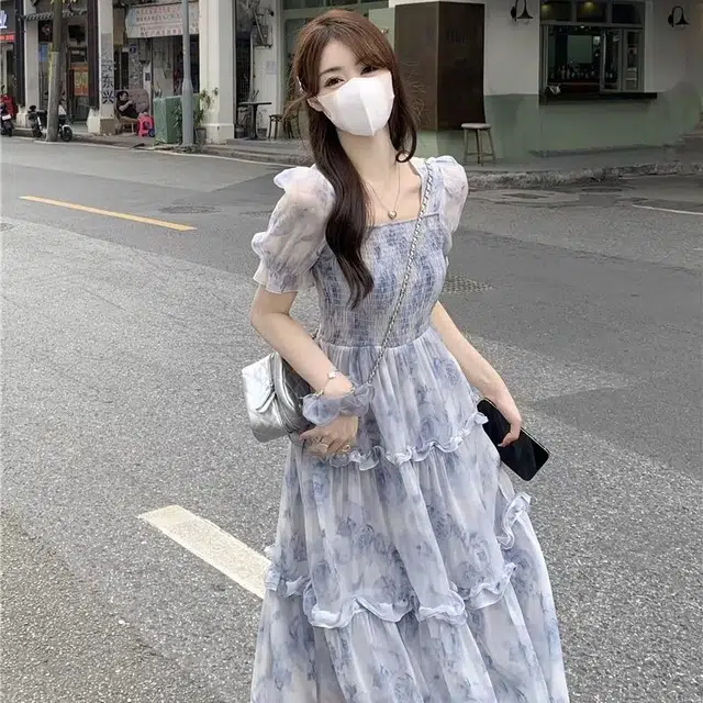 古莲菲 温柔风小清新海边度假沙滩裙碎花显瘦短袖连衣裙 女款 蓝色