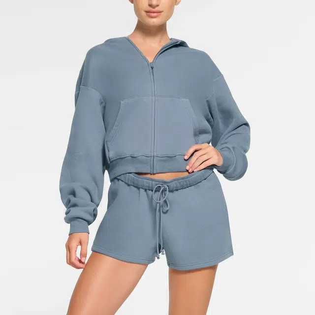 SKIMS COTTON FLEECE CLASSIC ZIP UP HOODIE STEEL BLUE