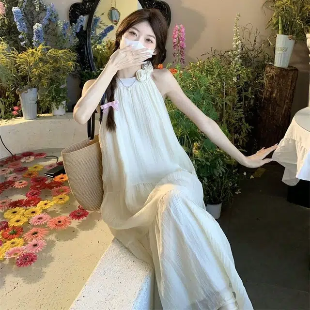 珠蒂美 甜美纯色度假风高腰时尚无袖连衣裙 女款