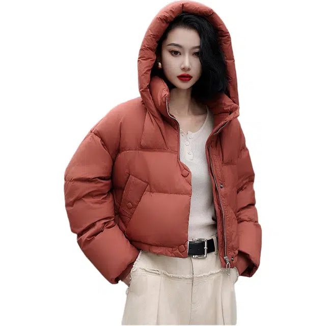 鸭鸭 纯色简约宽松连帽加厚羽绒服 女款