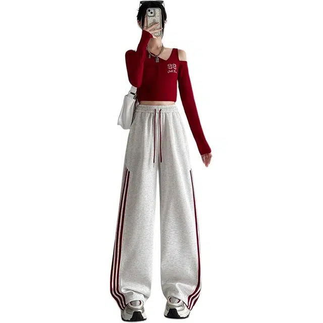 思蓓儿 美式三条杠运动裤秋季高腰阔腿束脚卫裤工装裤休闲裤 男女同款