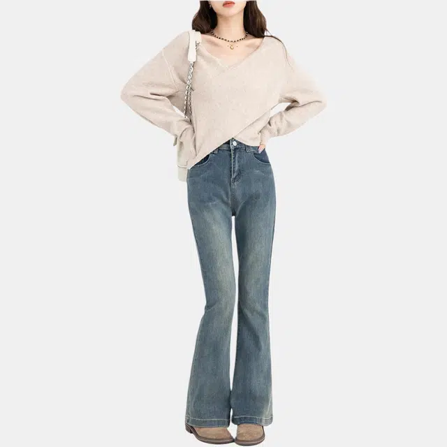 欧阳喜 做旧微喇时尚舒适高腰牛仔裤 女款 浅蓝色