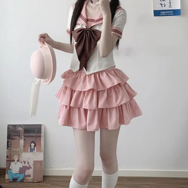 御茶家 小巧莓原创学院风水手服初恋感海军领短款收腰显瘦截短上衣蓬蓬蛋糕裙半身裙裙装套装 女款