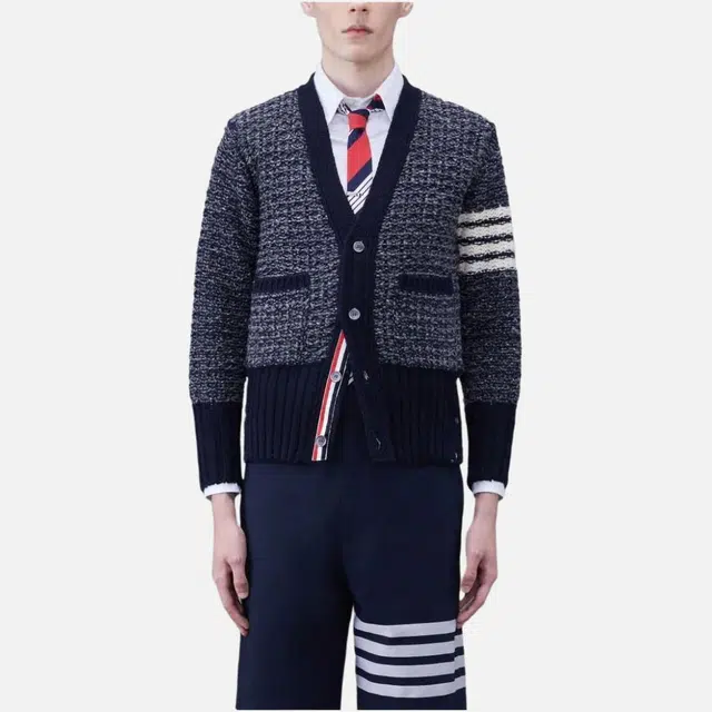 THOM BROWNE Mohair Tweed 4-Bar Classic V-Neck Cardigan V