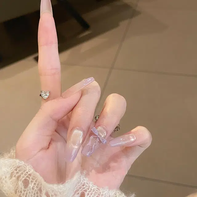 柚予颜 猫眼美甲蝴蝶结设计高级感显白气质款追光玻璃珠穿戴甲  长款淡紫色渐变 纯欲