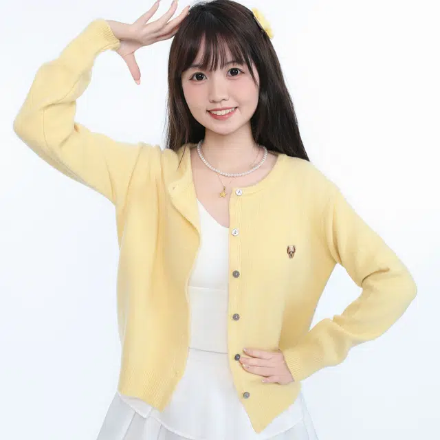 御茶家 可爱小熊刺绣开衫单排扣宽松针织衫 女款 紫色