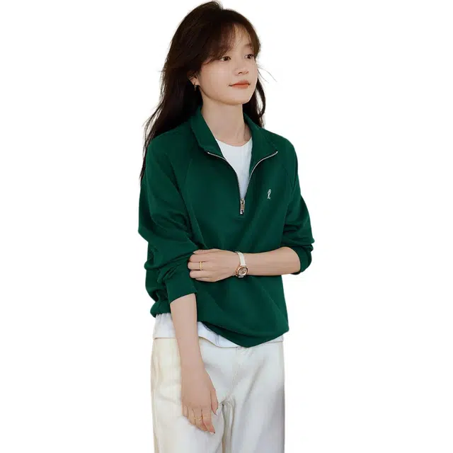 沫晗依美 休闲立领宽松插肩长袖卫衣 女款 绿色