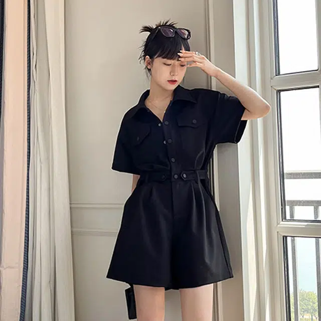 美洋 特工少女连体裤 帅气利落翻领工装风半袖直筒连体衣