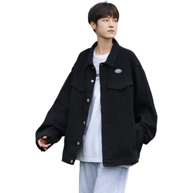 快鱼 美式复古秋款宽松型潮牛仔外套 男女同款