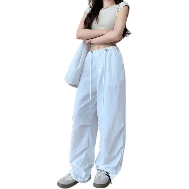 黛尔佳人 抽绳设计高腰显瘦阔腿工装裤 女款