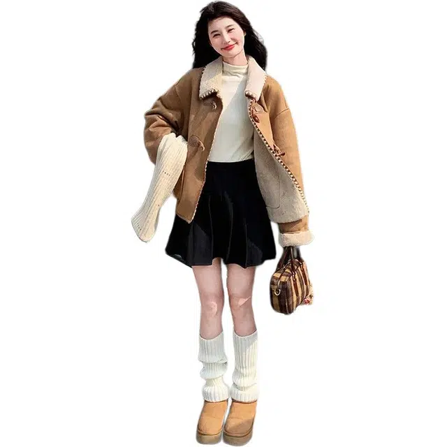 思蓓儿 牛角扣外套女冬小个子皮毛一体短款加厚棉衣皮衣 女款