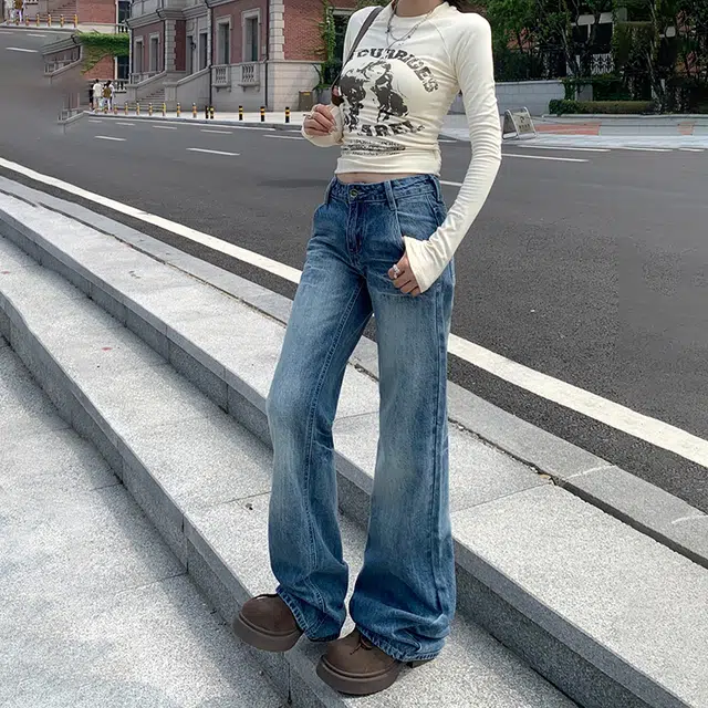 花蔓色 美式水洗磨白辣妹百搭低腰简约修身微喇宽松垂感拉链直筒牛仔裤 女款 复古蓝