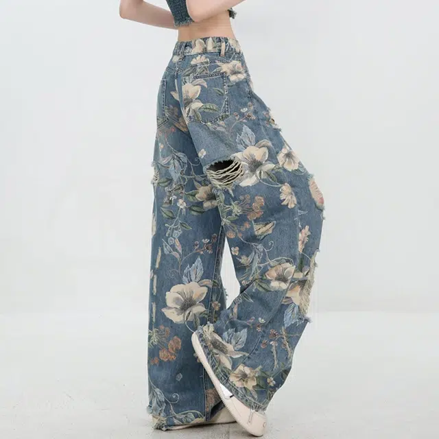 欧迪芬 花卉破洞复古水洗做旧宽松高腰牛仔裤 女款 蓝色