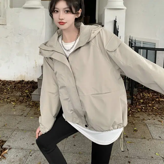 梨九九 美式连帽女春秋宽松休闲百搭上衣潮截短外套 女款