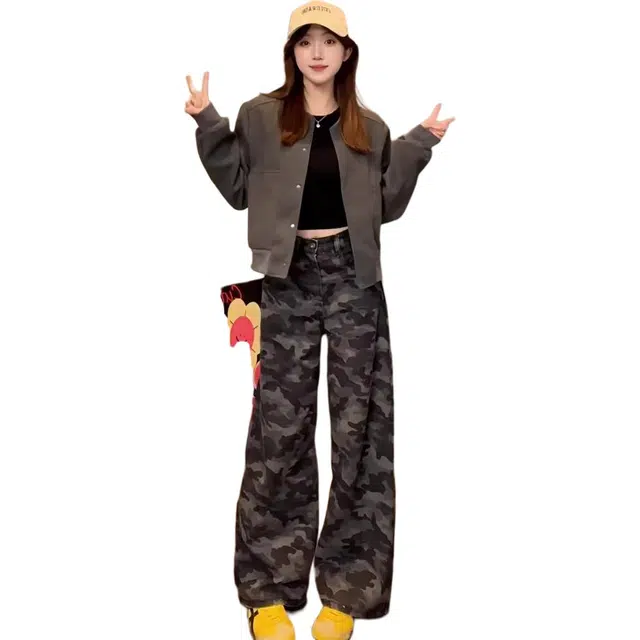 海獭 高腰宽松直筒拖地长裤大码胖妹妹设计感美式复古迷彩阔腿牛仔裤 女款